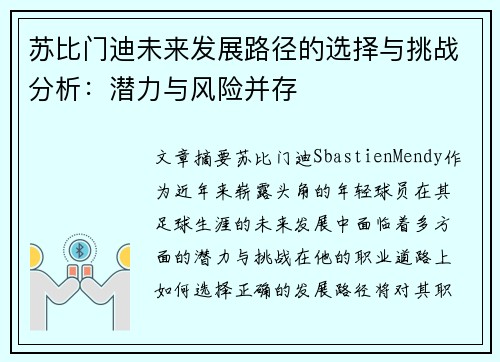 苏比门迪未来发展路径的选择与挑战分析：潜力与风险并存
