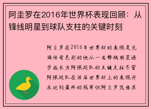 阿圭罗在2016年世界杯表现回顾:从锋线明星到球队支柱的关键时刻 阿圭罗在2016年世界杯表现回顾:从锋线明星到球队支柱的关键时刻