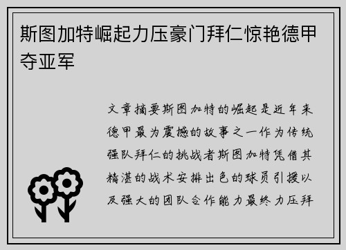 斯图加特崛起力压豪门拜仁惊艳德甲夺亚军 斯图加特崛起力压豪门拜仁惊艳德甲夺亚军